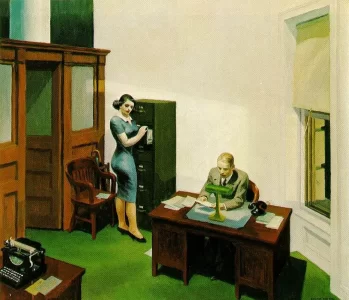 Edward Hopper Office at Night Gece Ofiste tablosu sekreter ve patron